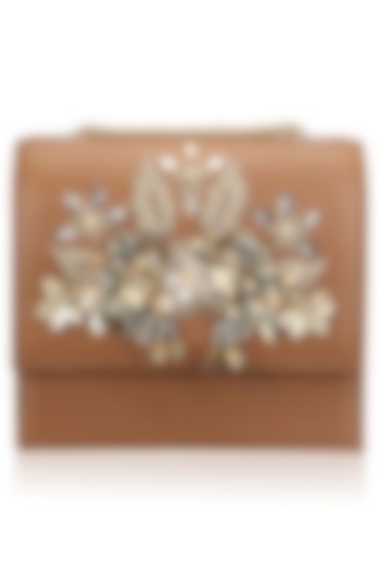 Studio Accessories presents Tan and gold crystal and sequins floral motif clutch available only at Pernia's Pop Up Shop.