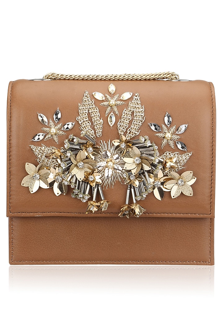 Studio Accessories presents Tan and gold crystal and sequins floral motif clutch available only at Pernia's Pop Up Shop.
