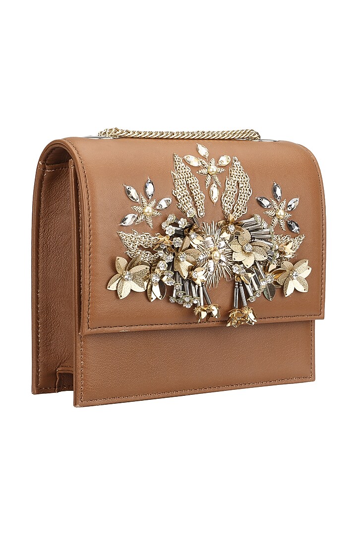 Studio Accessories presents Tan and gold crystal and sequins floral motif clutch available only at Pernia's Pop Up Shop.