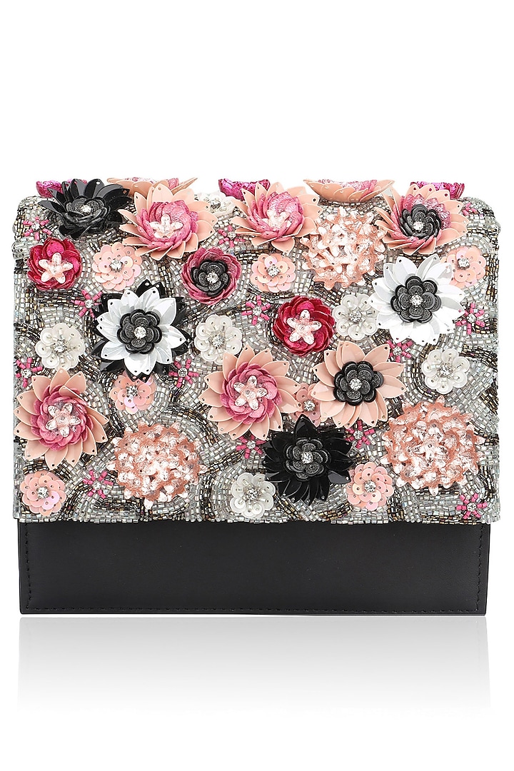 Black Beads Floral Motif Jaal Clutch by Studio Accessories