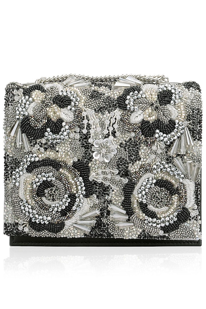 Black and Gold Beads and Crystals Floal Motif Clutch by Studio Accessories