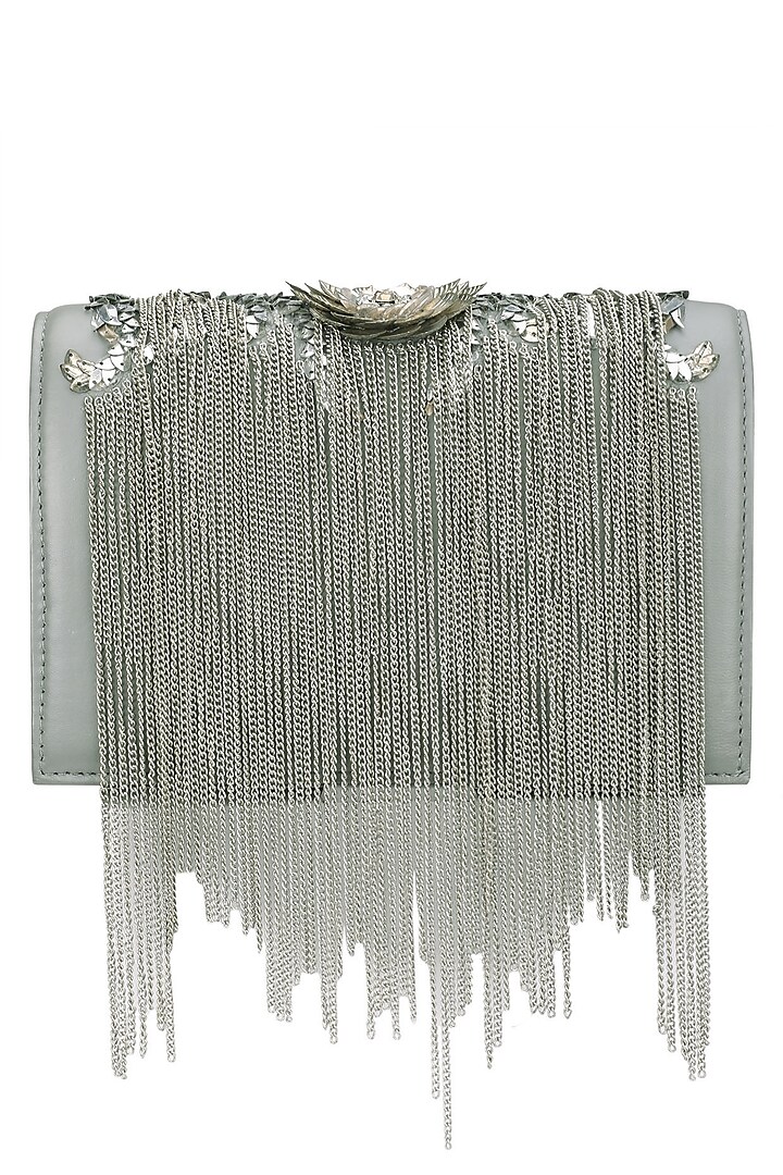 Grey Beaded Floral Motif Clutch by Studio Accessories