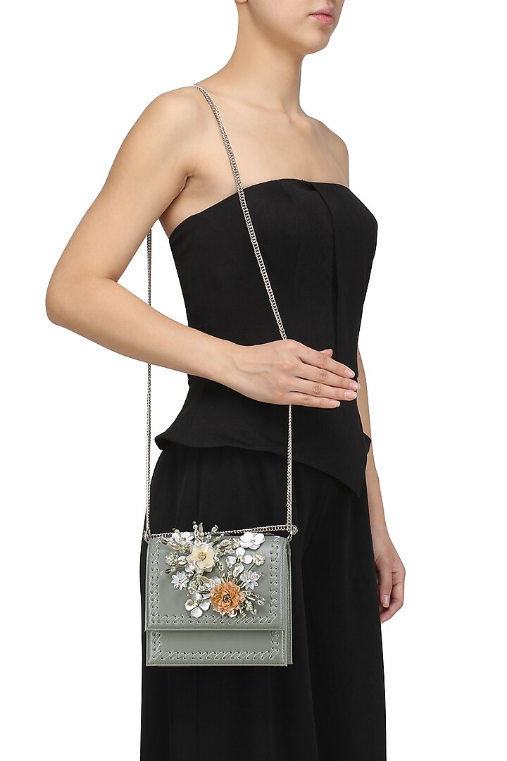 Studio Accessories presents Grey, orange and white floral motif clutch available only at Pernia's Pop Up Shop.