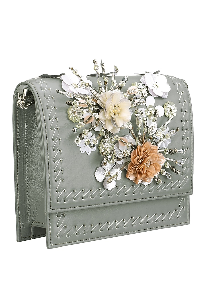Studio Accessories presents Grey, orange and white floral motif clutch available only at Pernia's Pop Up Shop.