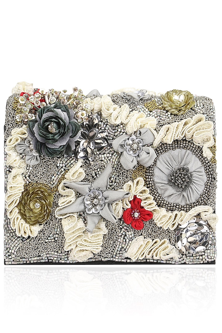 Grey Base Mutlicolor Flower Motif Clutch Bag by Studio Accessories