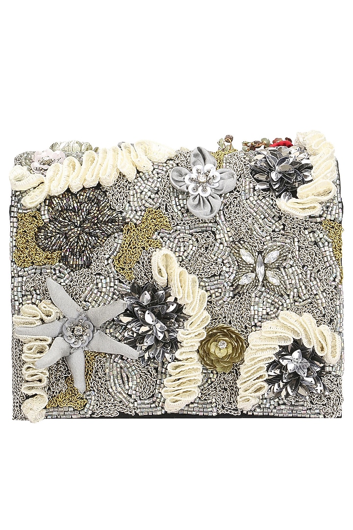 Studio Accessories presents Grey base mutlicolor flower motif clutch bag available only at Pernia's Pop Up Shop.