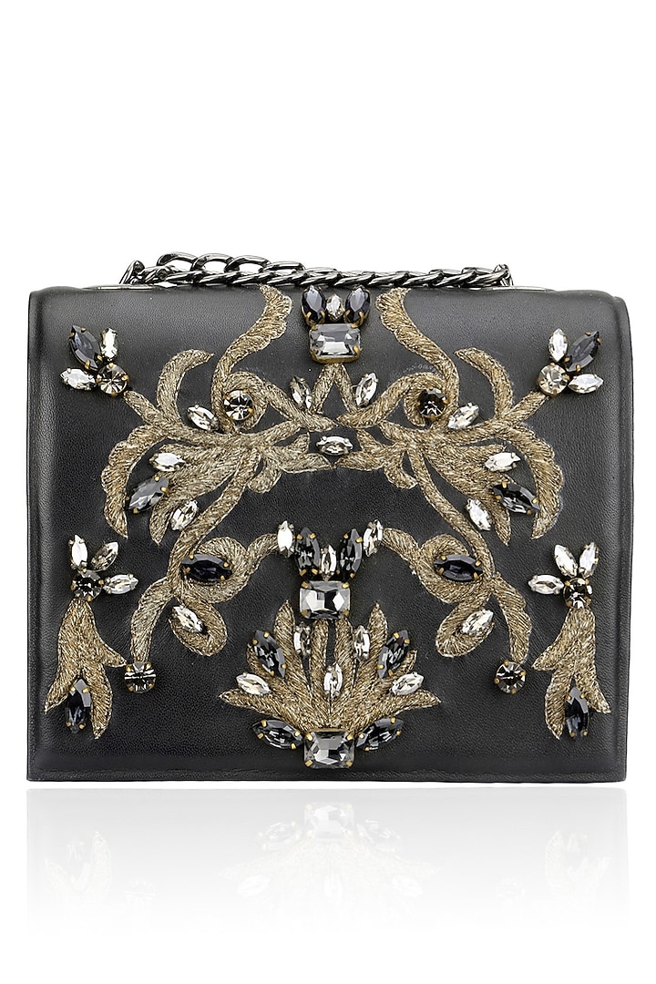 Studio Accessories presents Black beaded floral motif clutch available only at Pernia's Pop Up Shop.