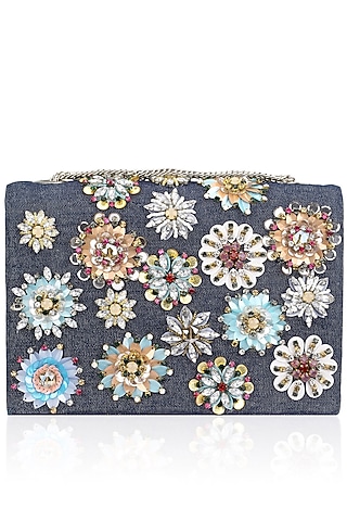 Black and Denim Floral Motif Clutch Bag by Studio Accessories