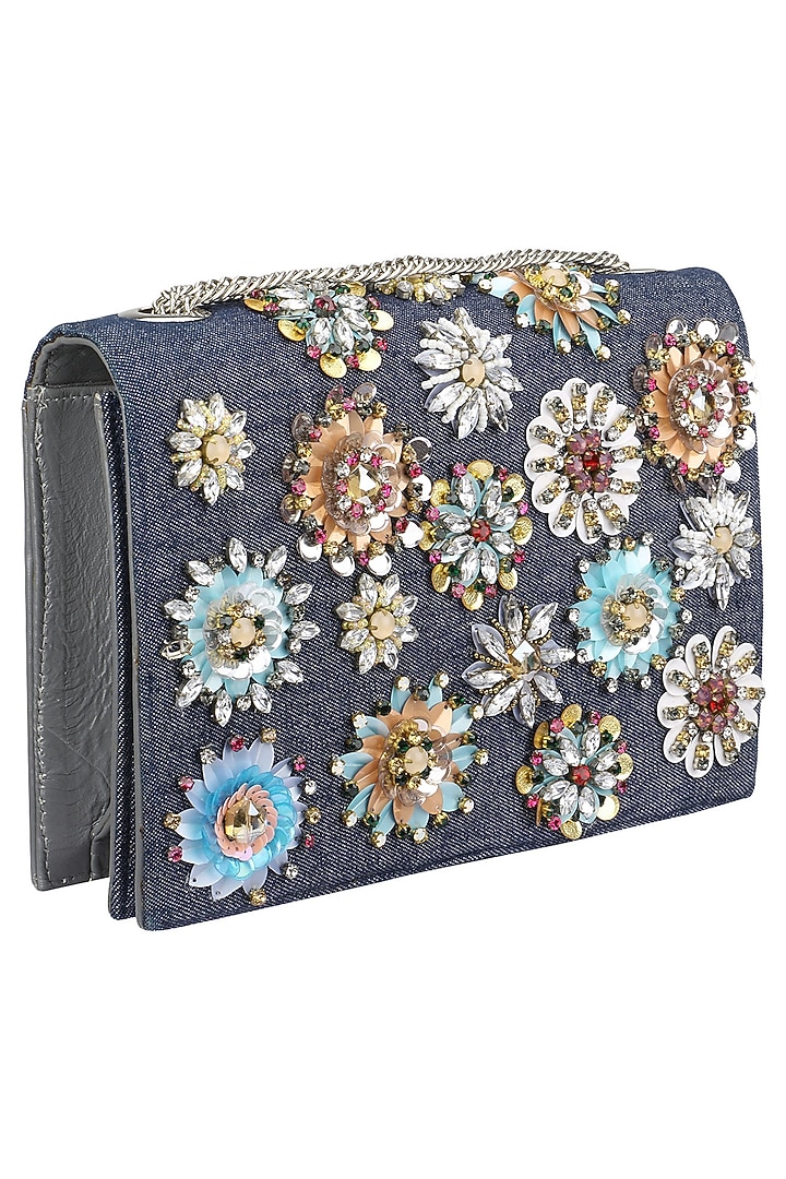 Studio Accessories presents Black and denim floral motif clutch bag available only at Pernia's Pop Up Shop.
