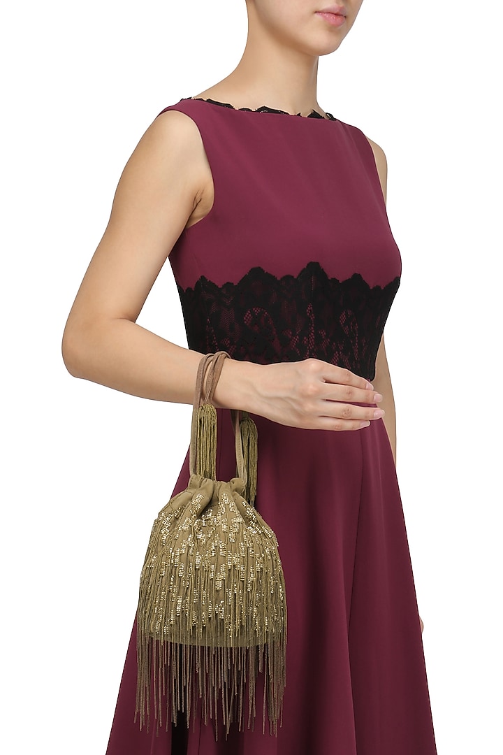 Studio Accessories presents Brown beaded potli bag available only at Pernia's Pop Up Shop.