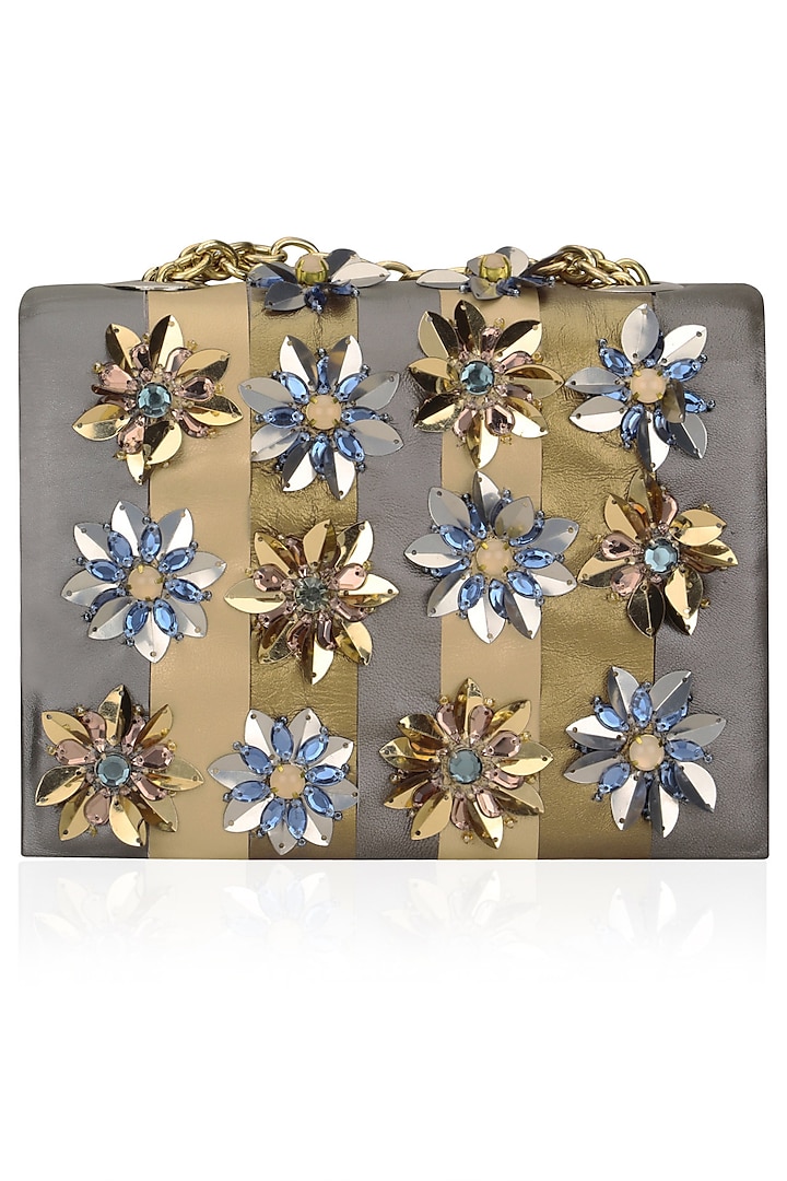 Gold and Silver Stripes Floral Embellished Clutch Bag by Studio Accessories