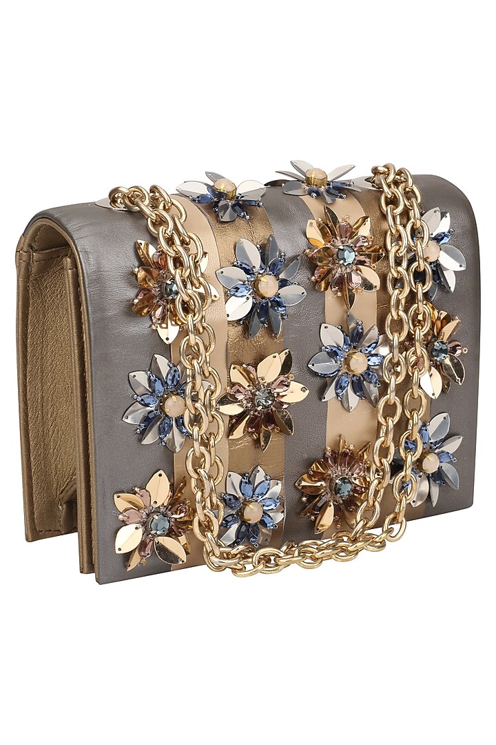 Studio Accessories presents Gold and silver stripes floral embellished clutch bag availble only at Pernia's Pop Up Shop.