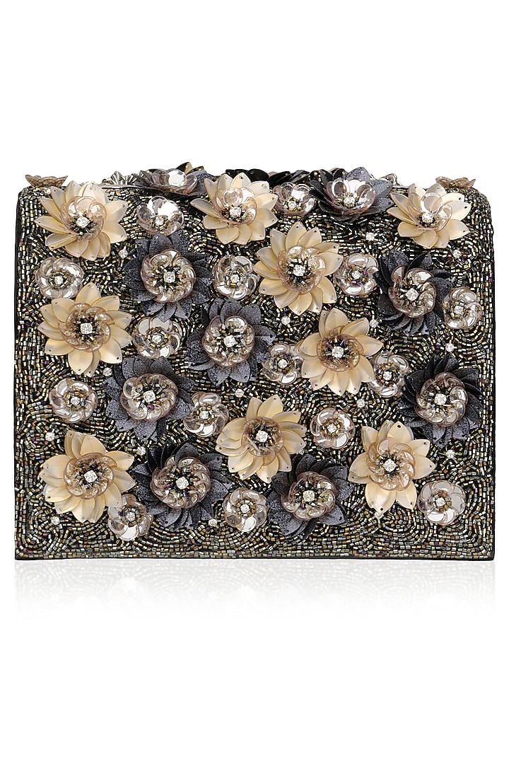Black and Gold Crystal and Sequins Embellished Clutch Bag by Studio Accessories
