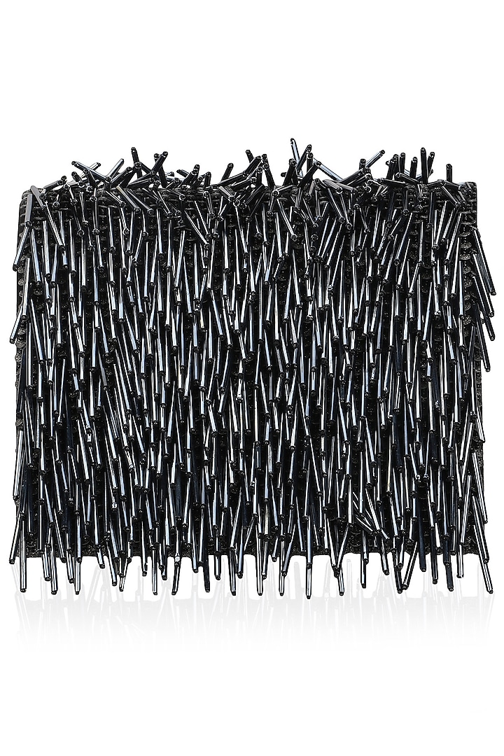Black Pipe and Beads Embroidered Fringe Clutch by Studio Accessories
