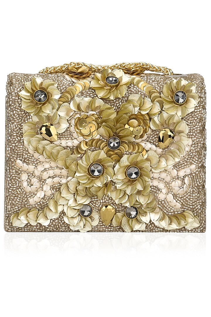 Gold Crystal and Sequinned Flowers Embellished Clutch Bag by Studio Accessories
