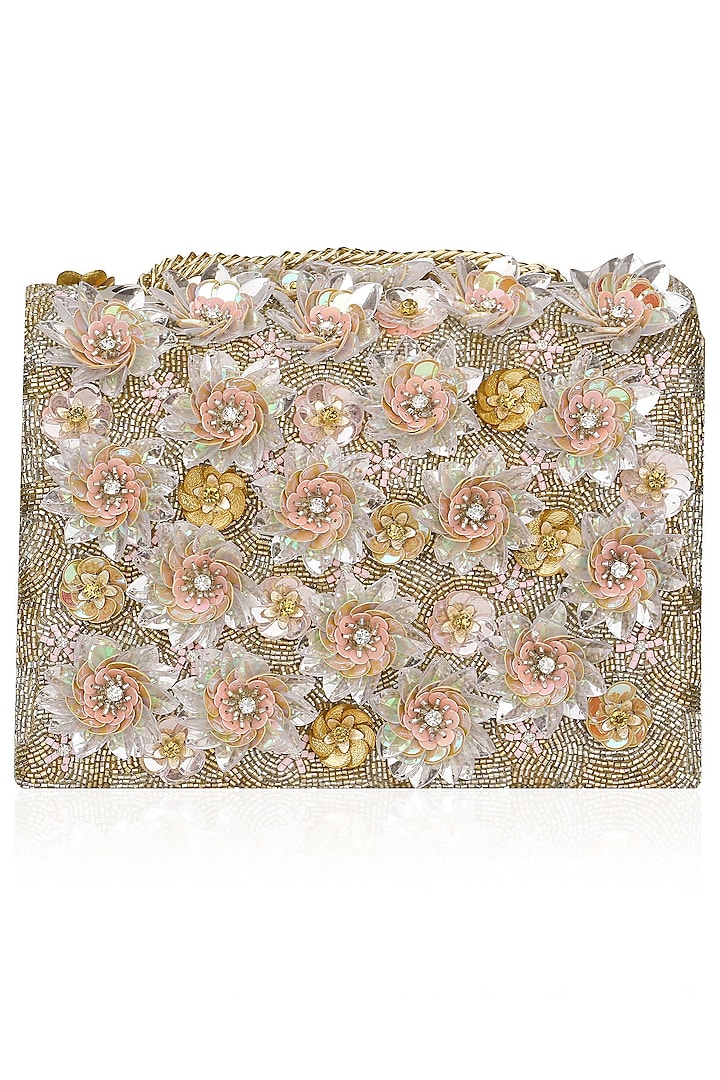 Beige Floral Crystal and Sequins Floral Embellished Bag by Studio Accessories