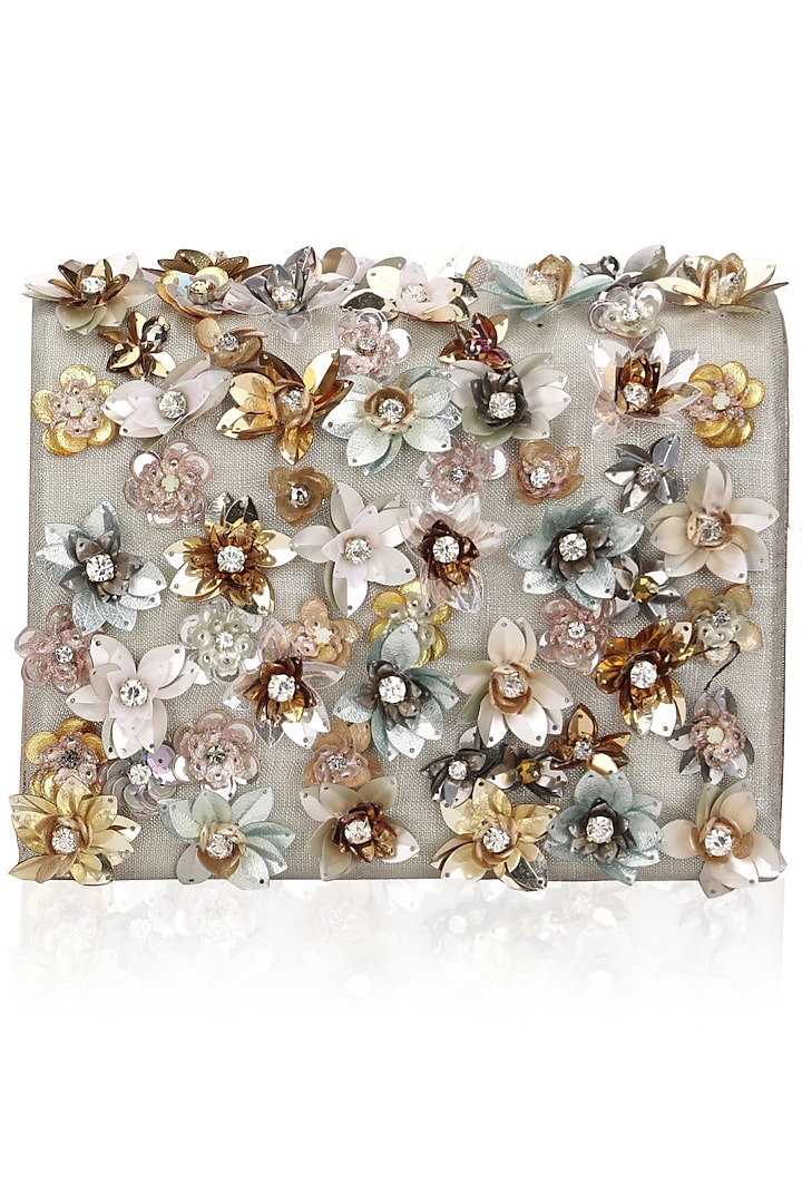 Multicolor Crystals and Sequinned Flowers Embellished Clutch Bag by Studio Accessories