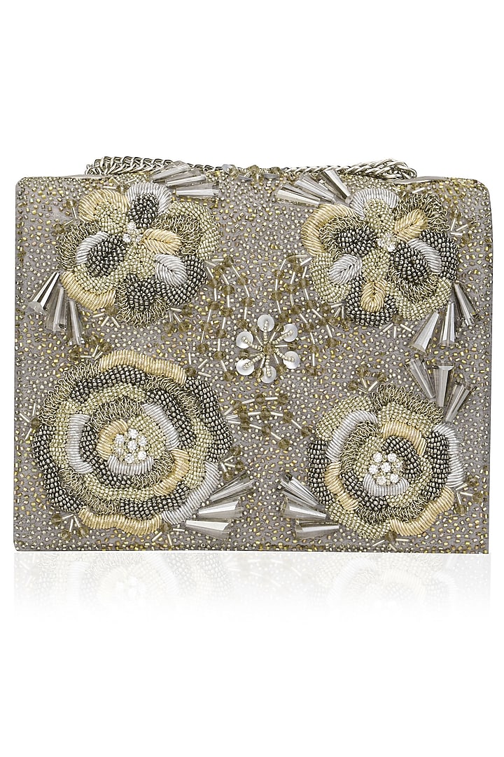 Grey Floral Embellished Clutch Bag by Studio Accessories