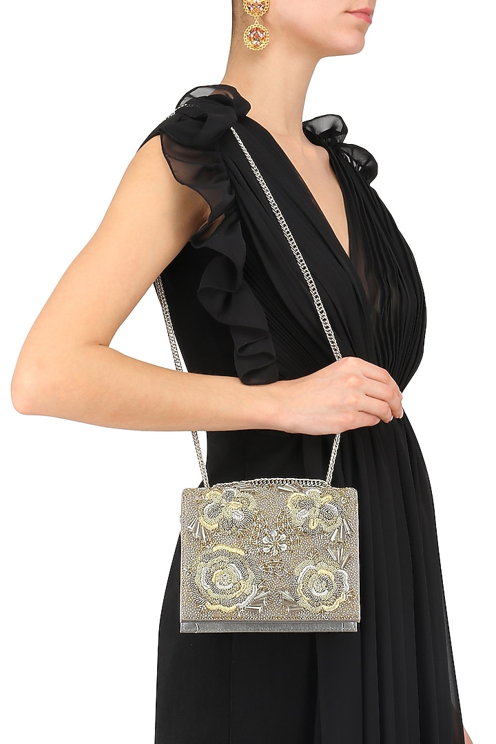 Studio Accessories presents Grey floral embellished clutch bag availble only at Pernia's Pop Up Shop.