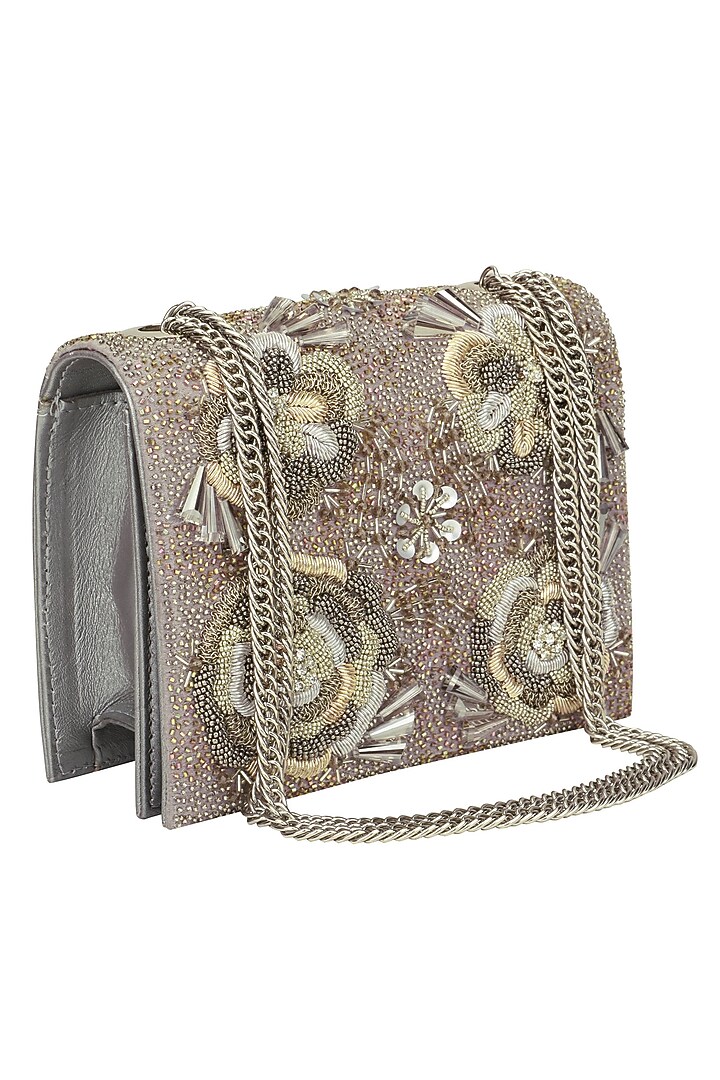 Studio Accessories presents Grey floral embellished clutch bag availble only at Pernia's Pop Up Shop.