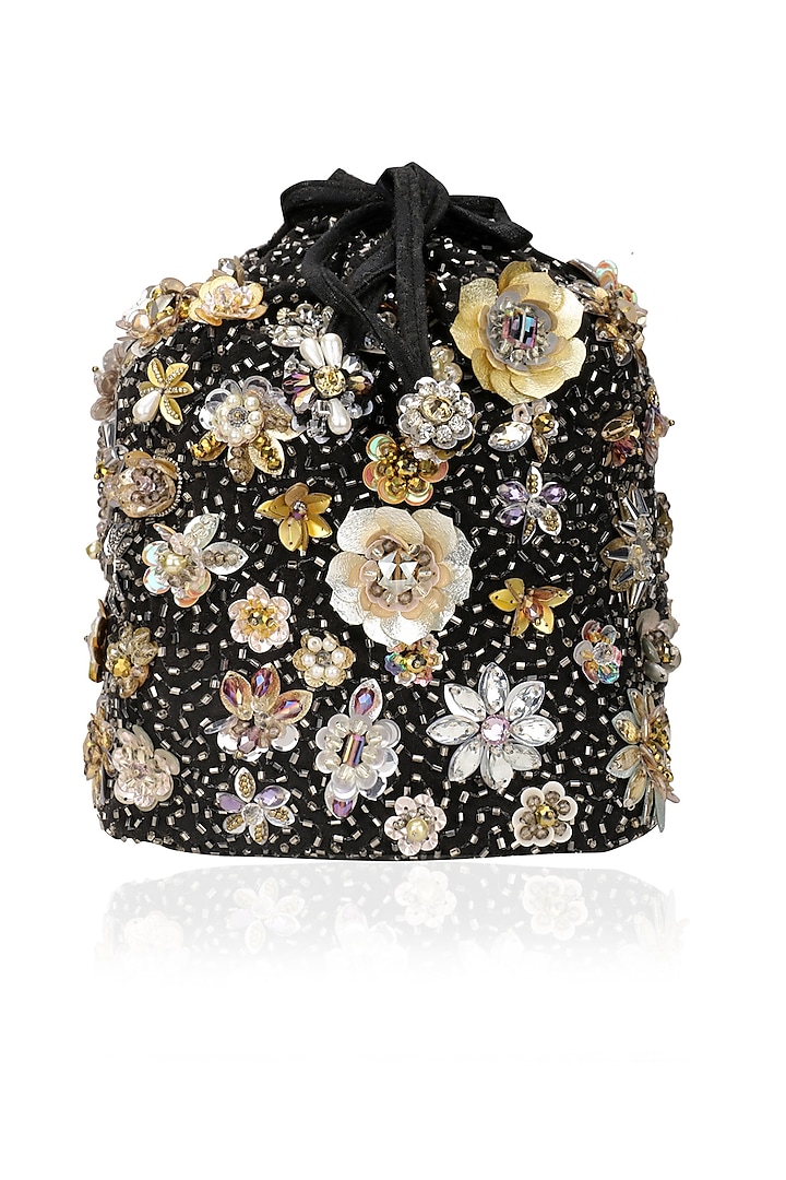 Black Crystal and Sequinned Flowers Embellished Potli Bag by Studio Accessories
