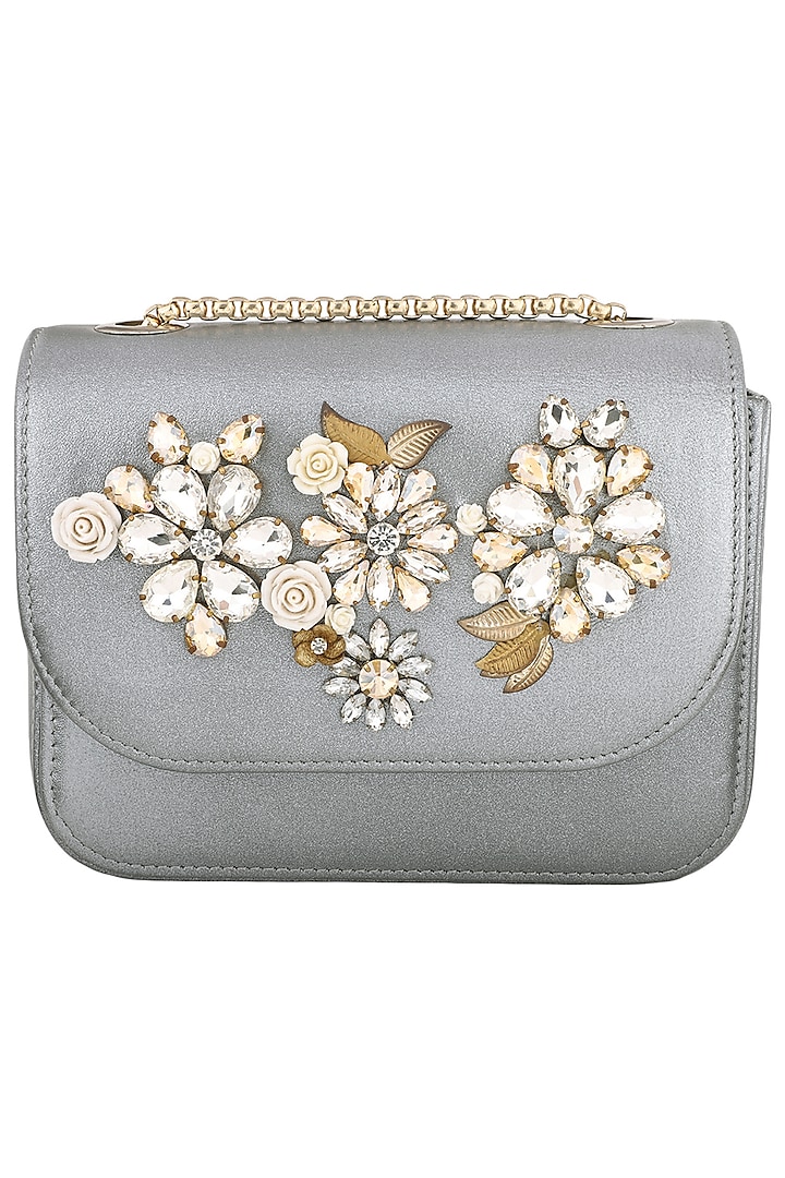 Silver Crystals and Sequins Embellished Clutch by Studio Accessories