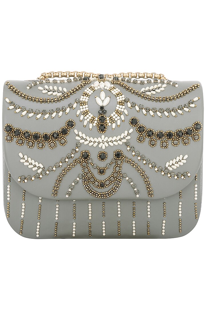Grey Beads Embellished Clutch by Studio Accessories