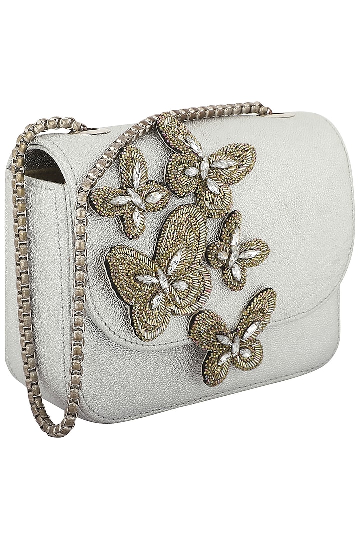 Silver Beads and Crystals Embellished Clutch by Studio Accessories