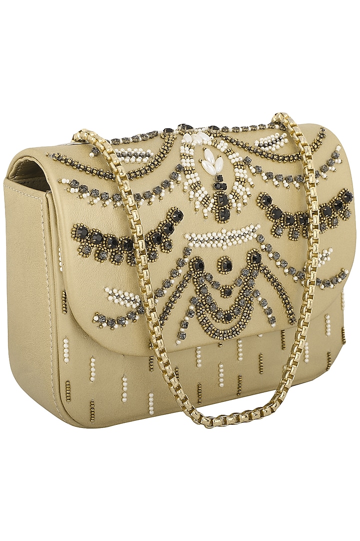 Golden Beads and Crystals Embellished Clutch by Studio Accessories