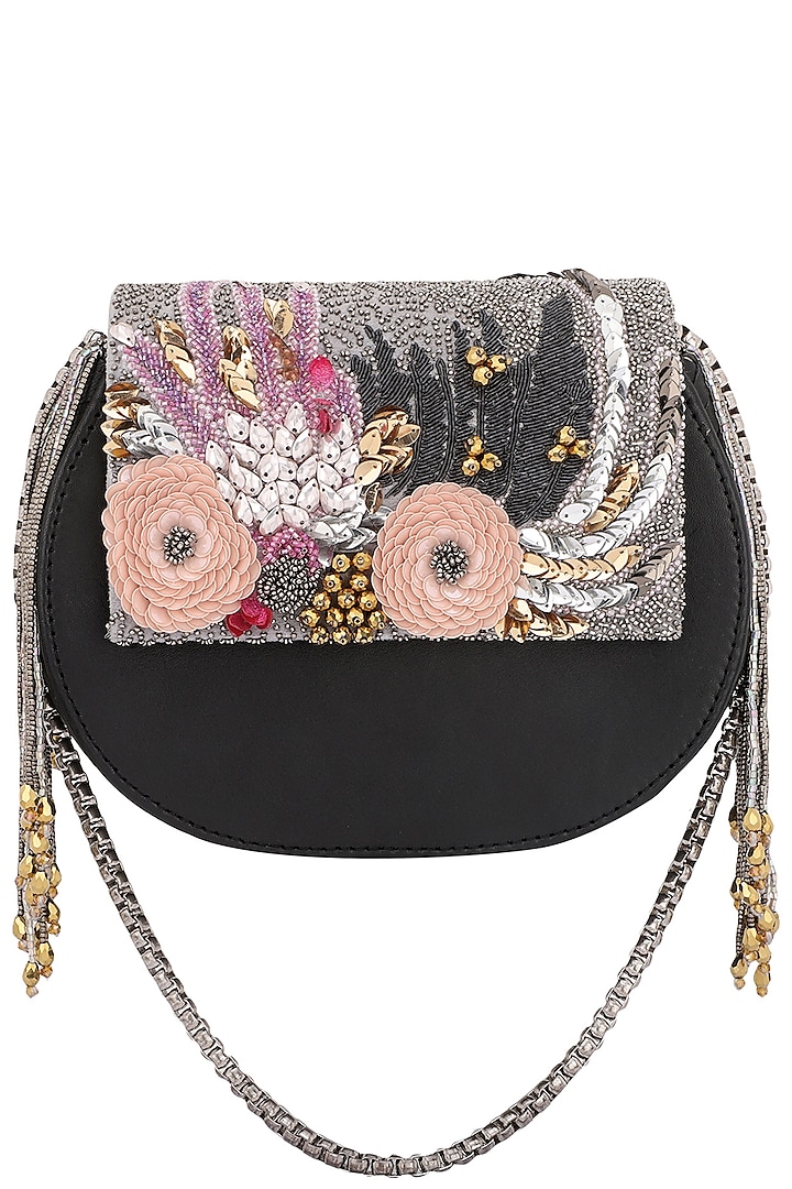 Black Multicolor Floral Embroidered Clutch by Studio Accessories