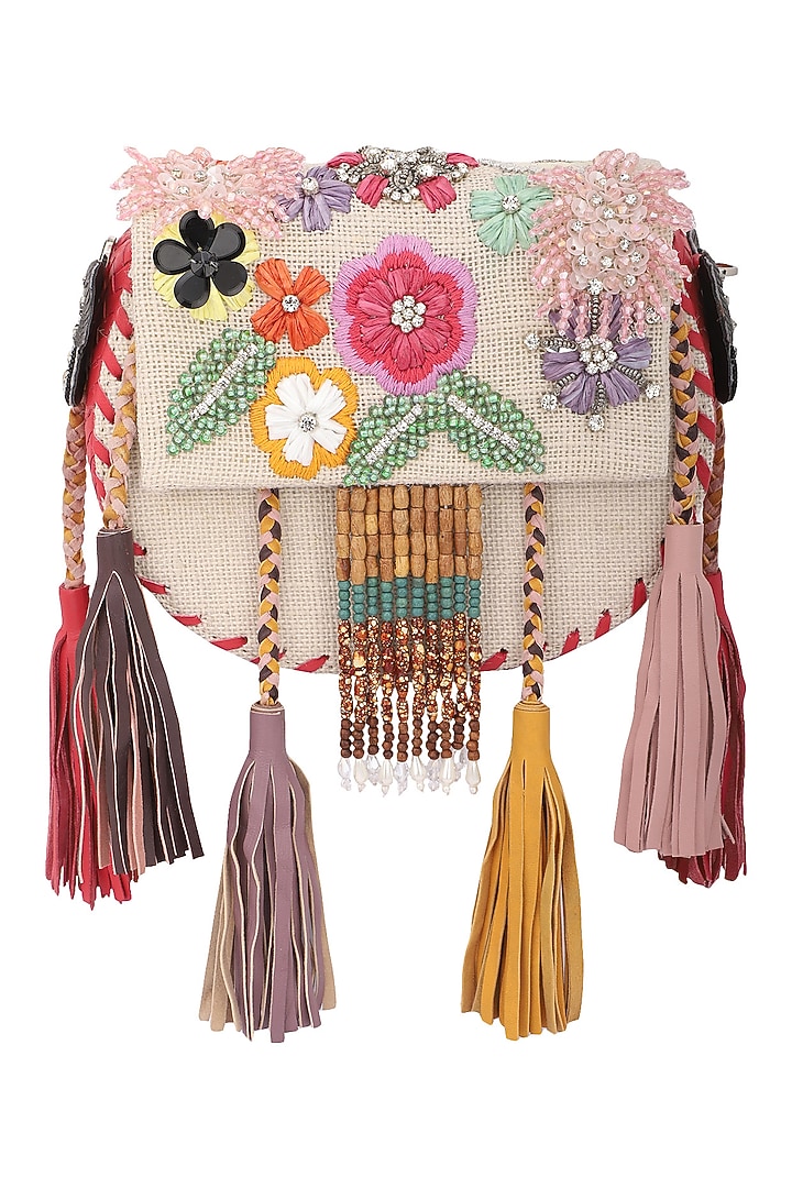 Beige beads and sequins embellished clutch available only at Pernia's Pop Up Shop.