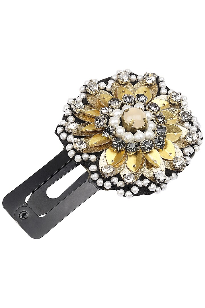 Black Leather Sequins and Crystal Embellished Hairclip by Studio Accessories