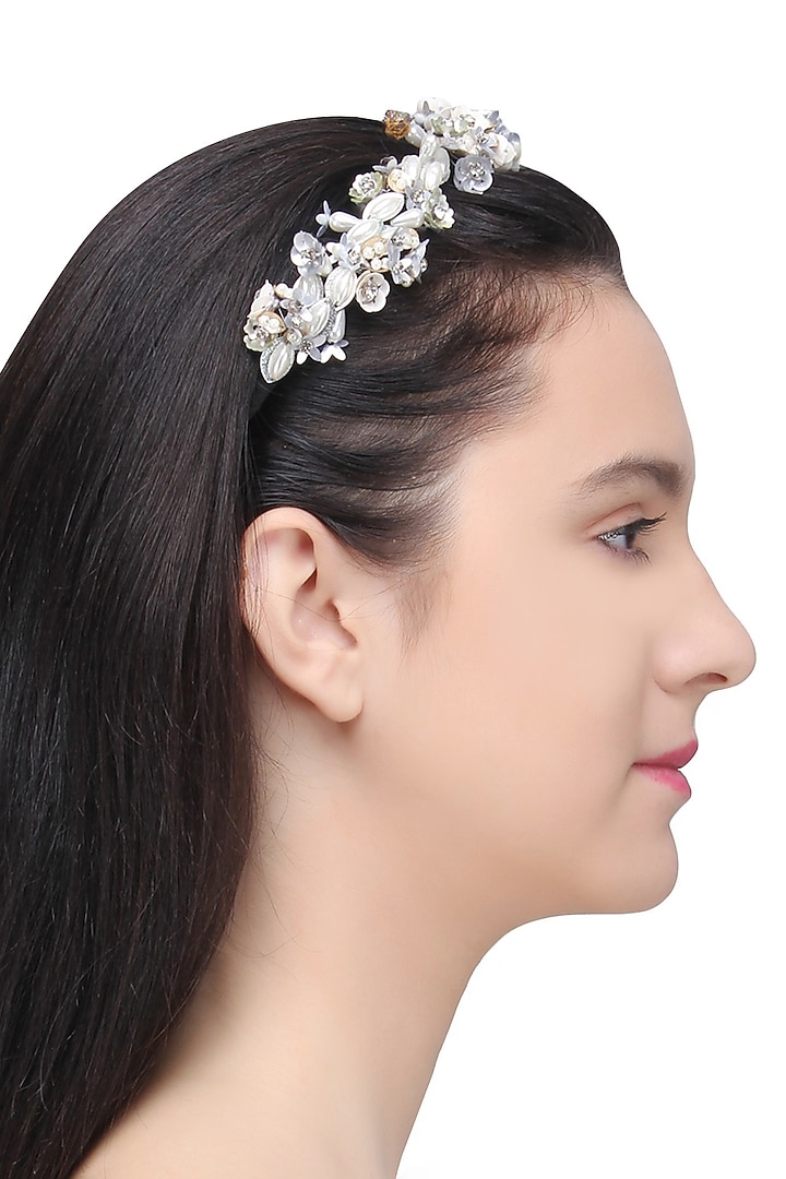 Studio Accessories presents White and silver sequins and crystal embellished hairband available only at Pernia's Pop Up Shop.