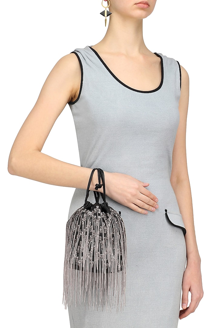 Studio Accessories presents Black sequins and pearl embellished potli bag available only at Pernia's Pop Up Shop.