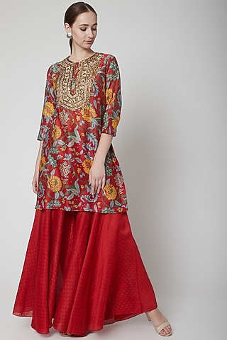 Red Chanderi Cotton Sharara Set by Anupamaa Dayal