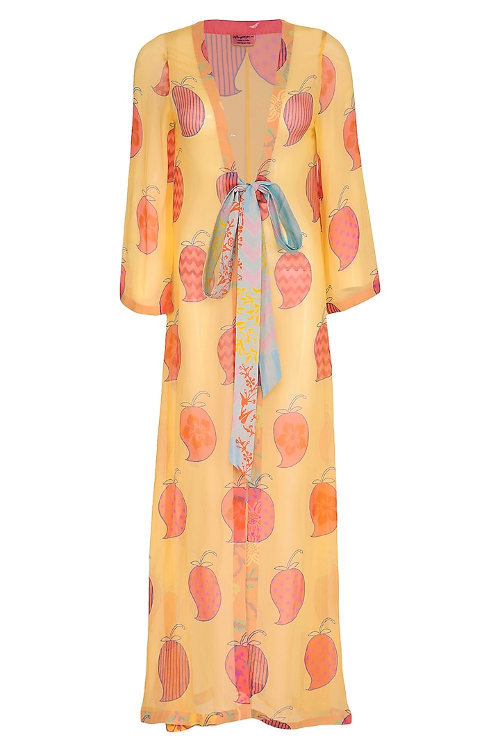 Yellow Printed Jacket With Tie-Up Belt by Anupamaa Dayal
