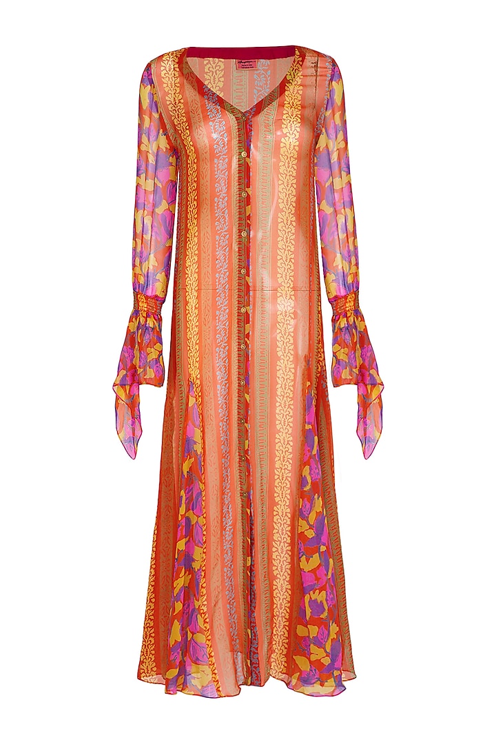 Orange Printed Front Open Dress by Anupamaa Dayal
