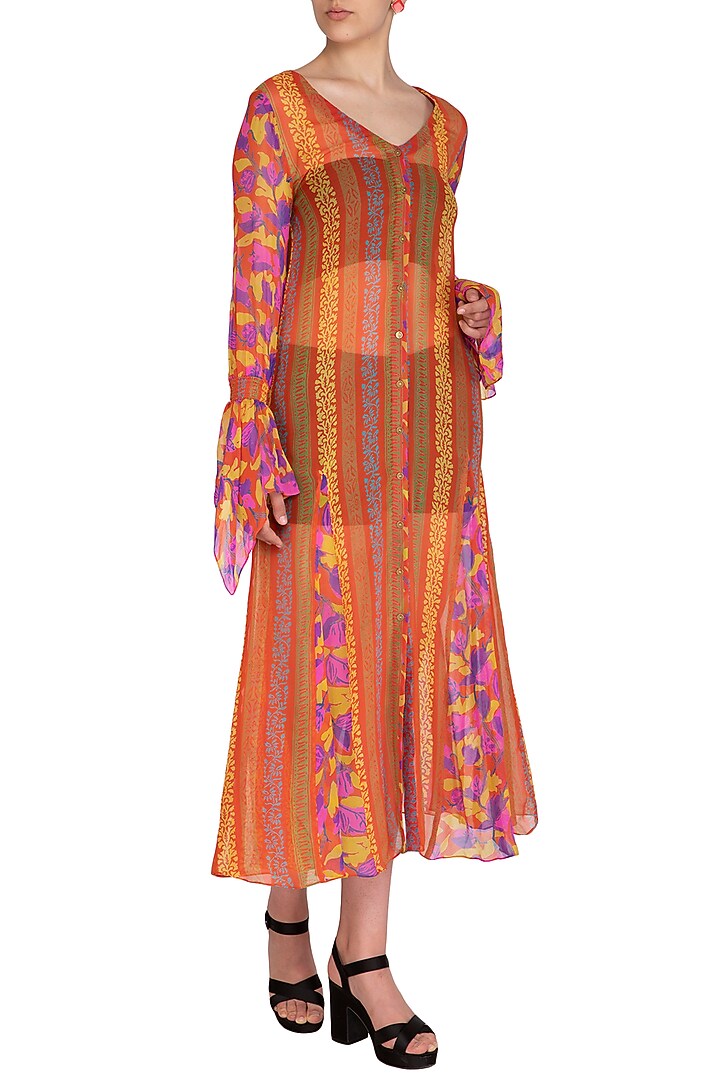 Orange Printed Front Open Vacation Dress by Anupamaa Dayal at Pernia's Pop Up Shop