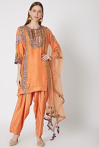 Peach Printed & Embroidered Kurta Set by Anupamaa Dayal