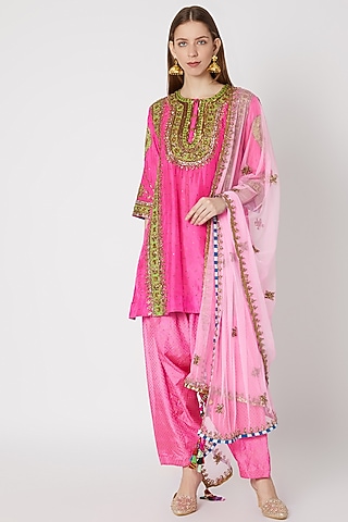 Fluro Pink Printed & Embroidered Kurta Set by Anupamaa Dayal