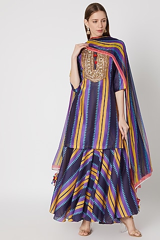 Navy Blue Printed & Embroidered Sharara Set by Anupamaa Dayal