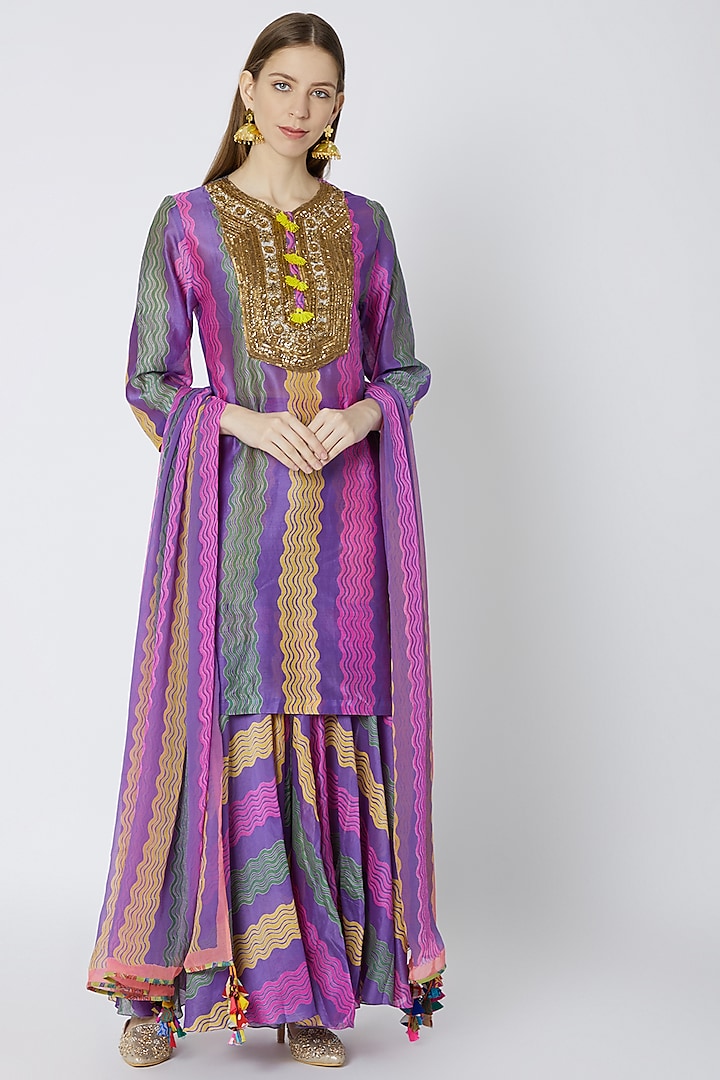 Purple Printed & Embroidered Sharara Set by Anupamaa Dayal