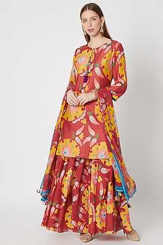 Red Printed Sharara Set by Anupamaa Dayal