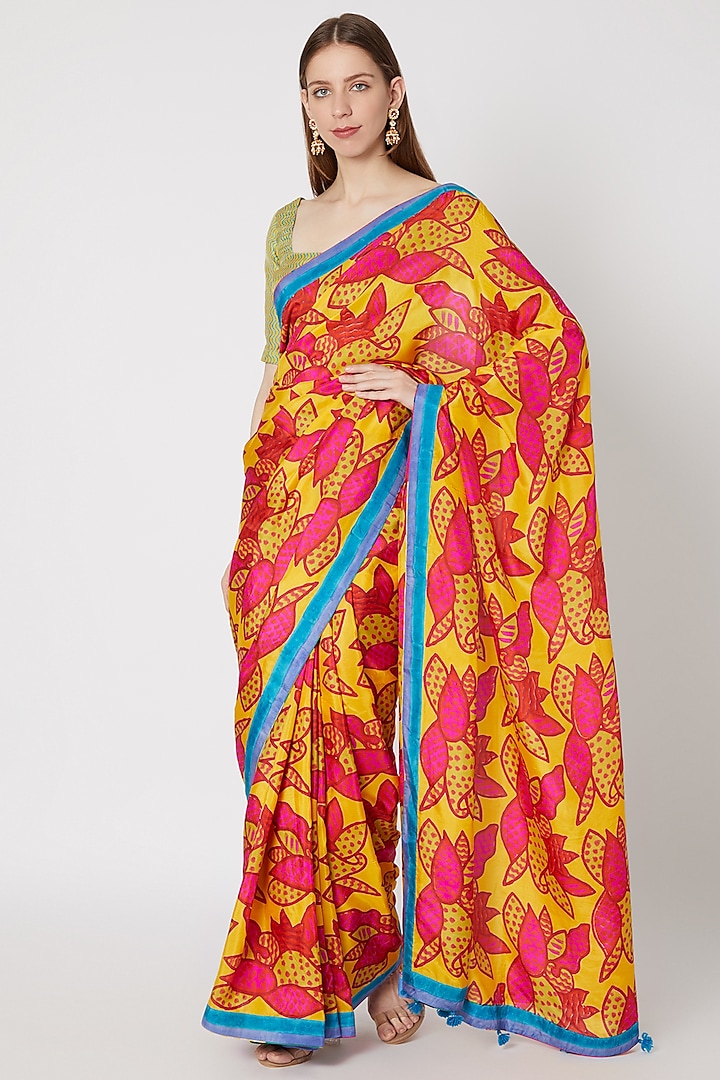 Yellow Printed Silk Saree Set by Anupamaa Dayal