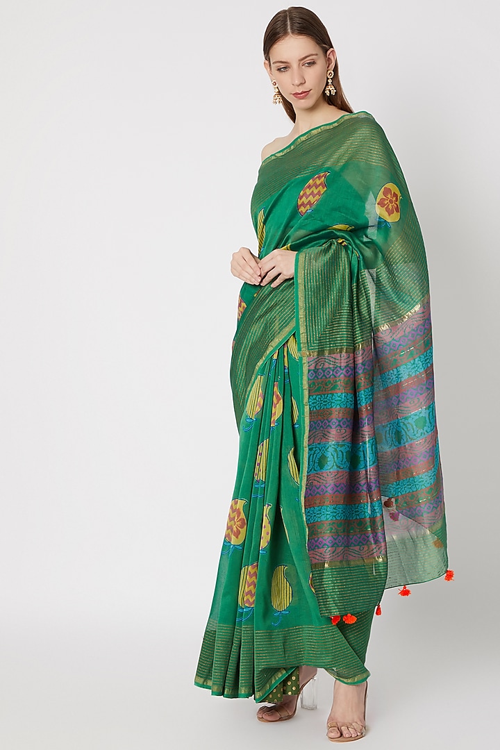 Dark Green Printed Saree Set by Anupamaa Dayal