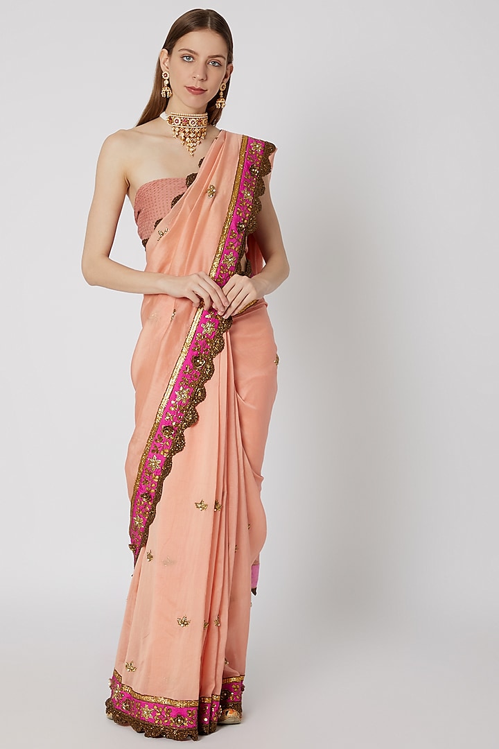 Peach Printed & Embroidered Saree Set by Anupamaa Dayal