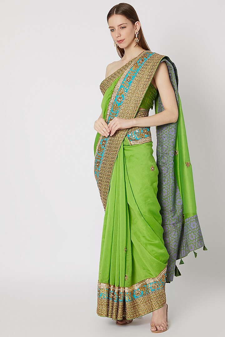 Green Embroidered & Printed Saree Set by Anupamaa Dayal