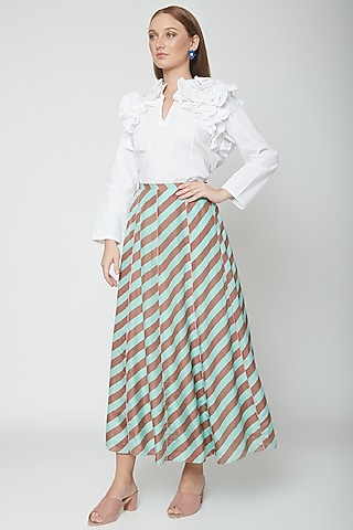 Mint Green & Chocolate Brown Printed Striped Skirt by Anupamaa Dayal