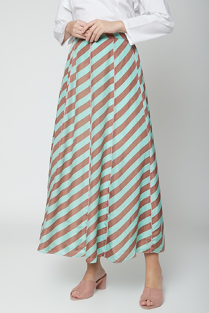Mint Green & Chocolate Brown Printed Striped Skirt by Anupamaa Dayal at Pernia's Pop Up Shop