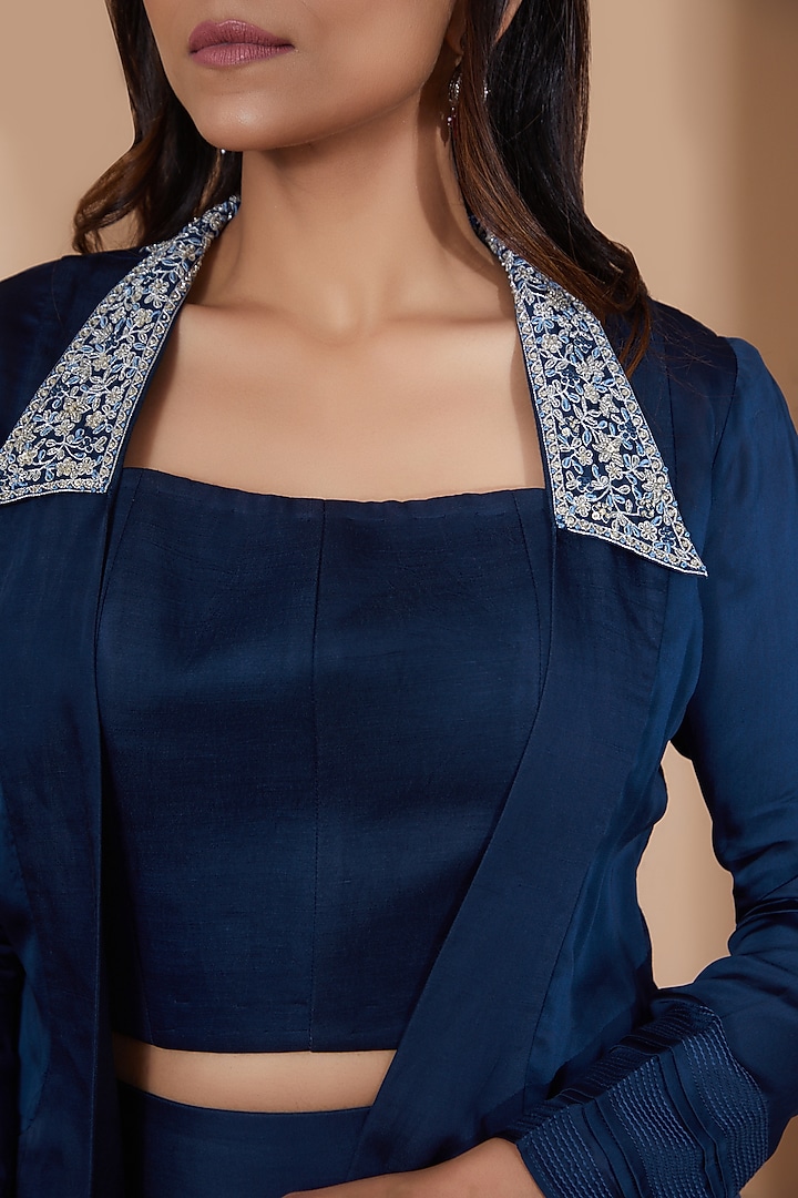 Cobalt Blue Viscose Georgette Embroidered Jacket Set by 1999AD By Amita & Deepak at Pernia's Pop Up Shop